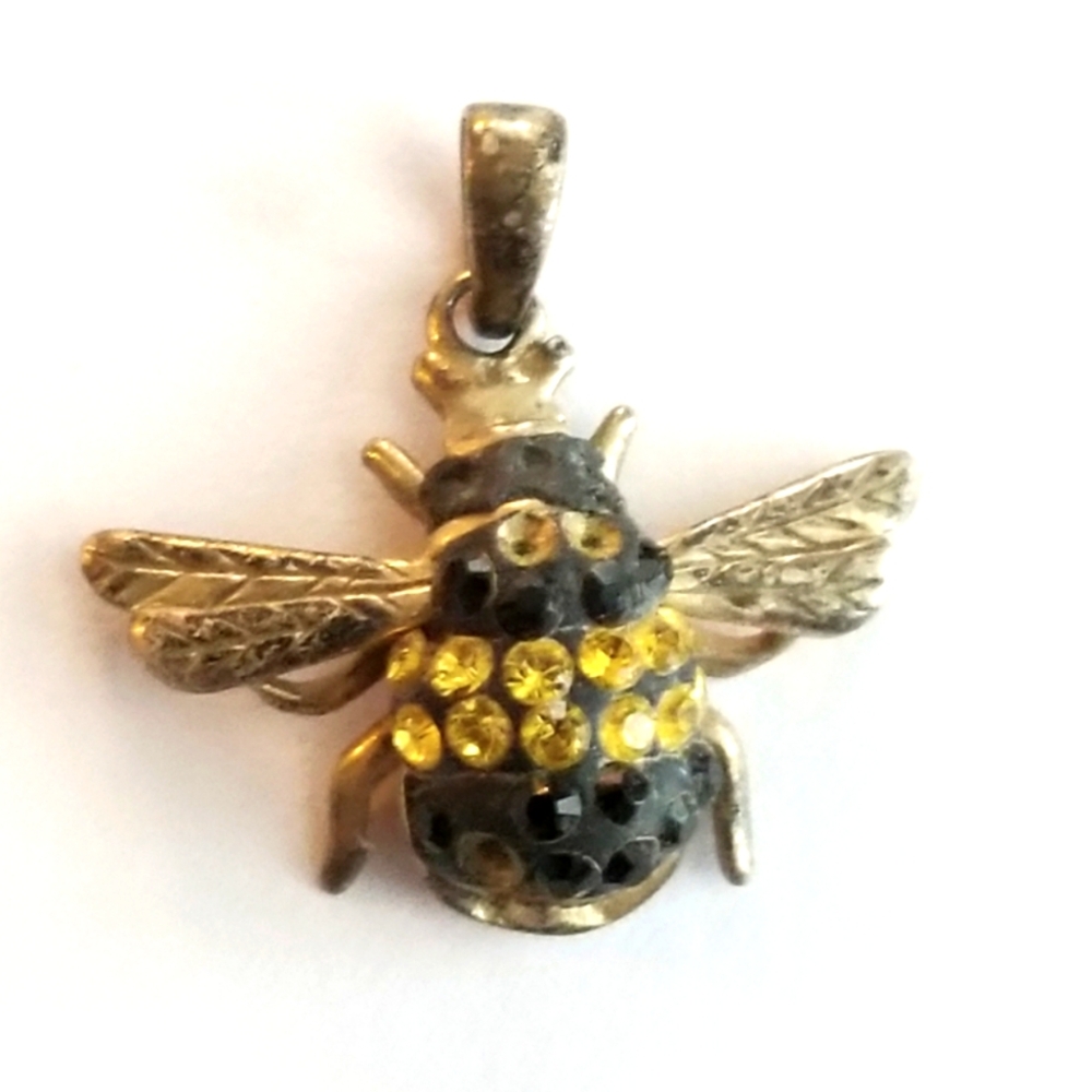 Tiny bee pendant Sterling Silver black yellow rhinestones charm bumblebee